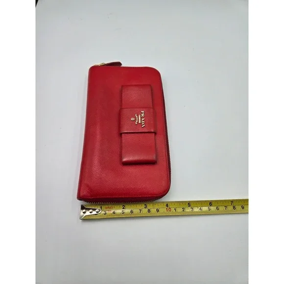 Prada Red Saffiano Leather Bow Continental‎ Zip Around Wallet Authentic - Picture 12 of 13